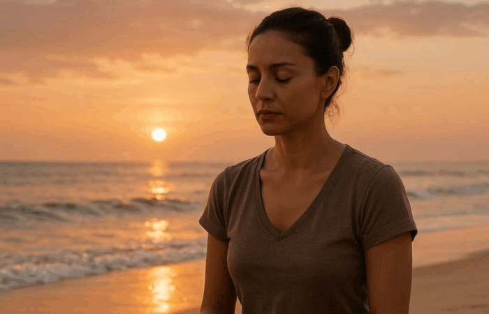 Yogi am Strand bei Sonnenuntergang in sich gekehrt