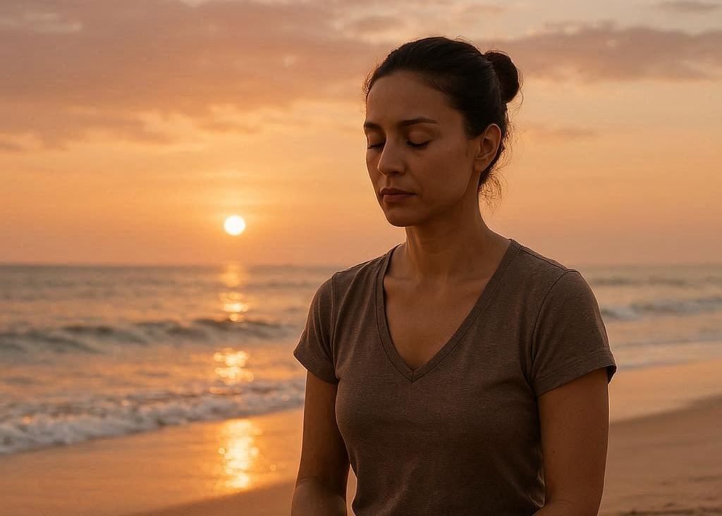 Yogi am Strand bei Sonnenuntergang in sich gekehrt