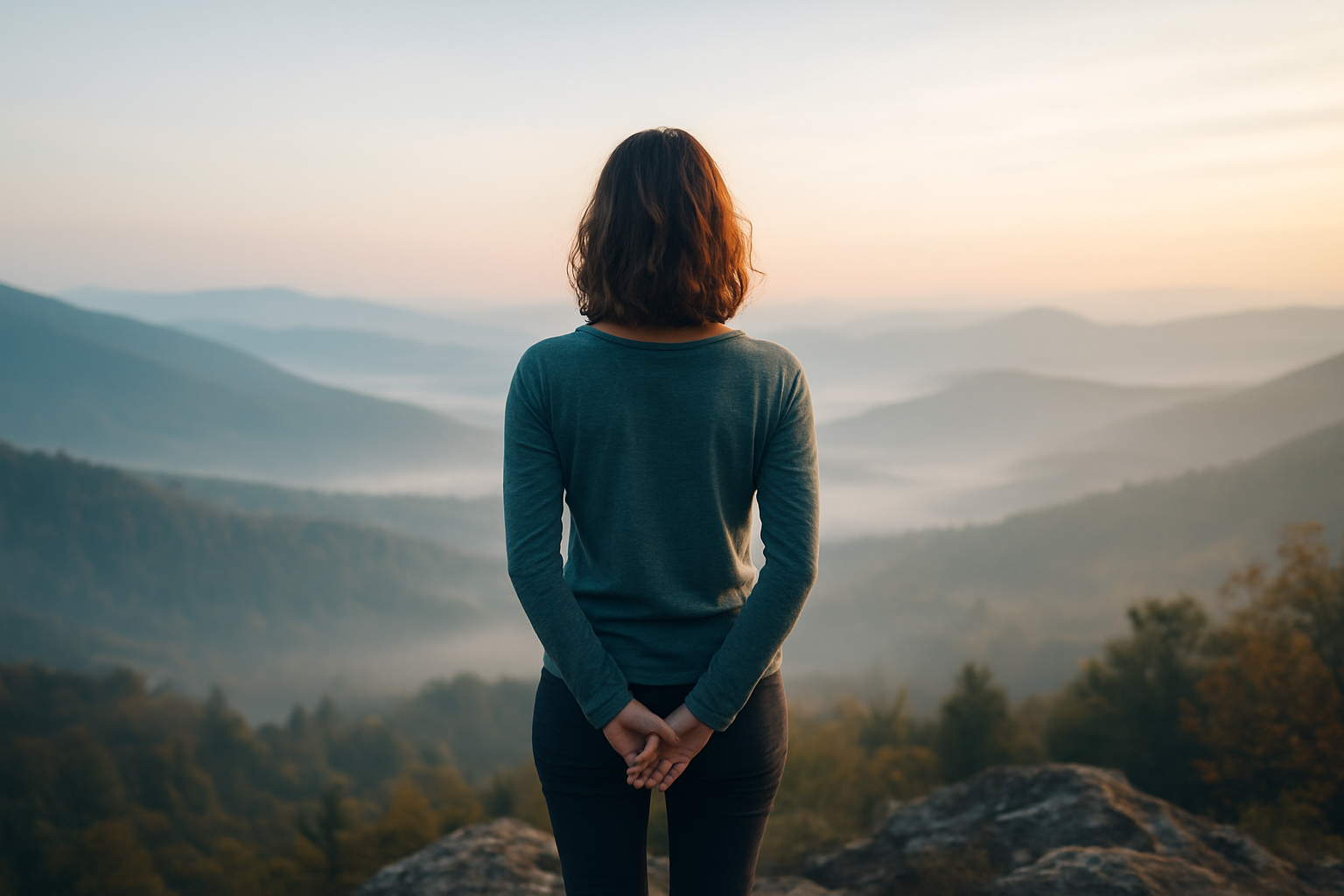 Frau die auf eine Hügellandschaft blickt